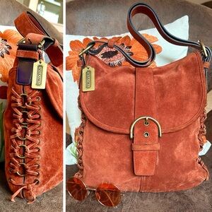 COACH LACED SOHO BUCKLE FLAP BAG RUST SUEDE CORSET SHOULDER CROSSBODY 9486 EVC